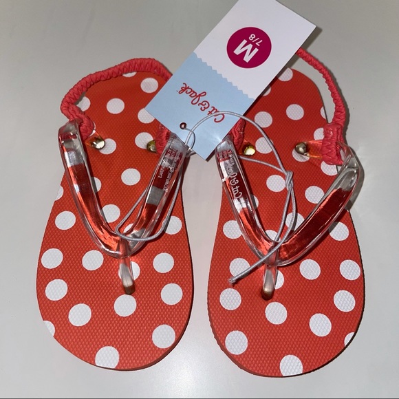 NWT Girls Sandals M 7/8 Orange White Polkadots - Picture 2 of 3